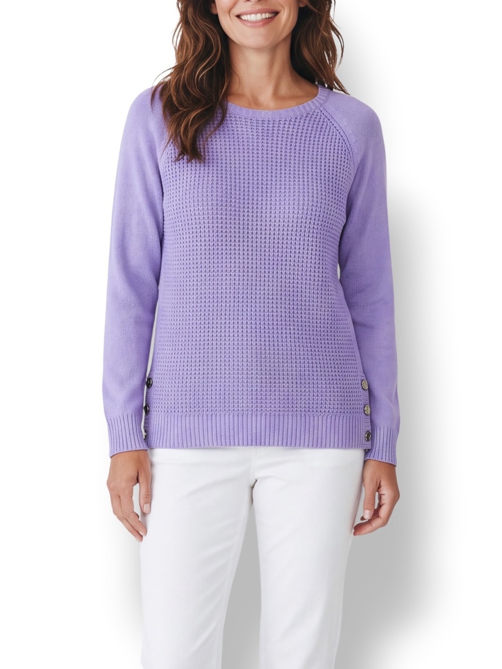 4/$20 Karen Scott Purple Textured Knit Raglan Button Hem Sweater S